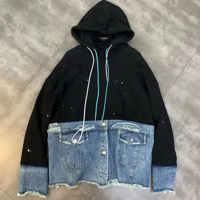 Осенние новые с капюшоном с длинным рукавом сшивание деним карман отверстие краски толстовки для женщин - Цвет: Черный