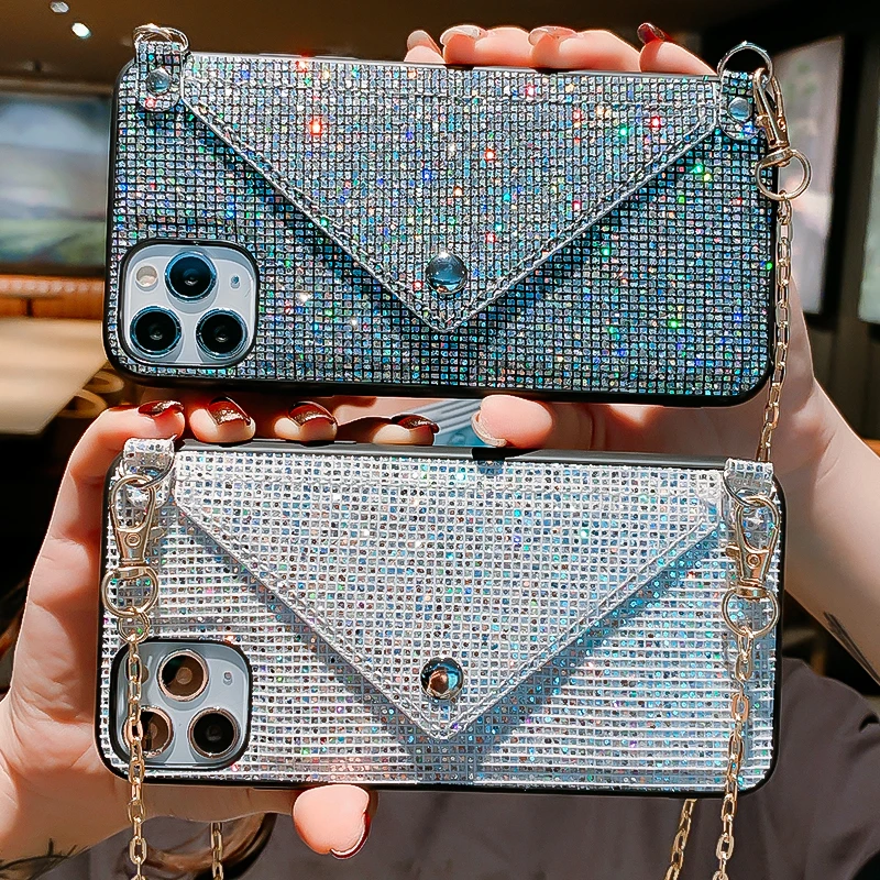 Glitter Luxury Diamond Wallet Card Phone Case For iPhone 13 12 11Pro Max XR XS Max X 7 8 Plus Shining Crossbody Cover With Chain iphone 13 mini flip case