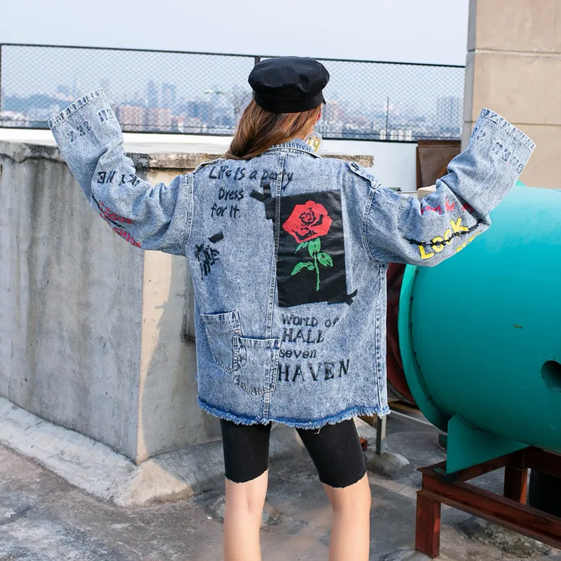 

Fall Winter Vintage Design Long Style Denim Coat Women High Street Letter Printed Jeans Jacket Casual Long Sleeve Denim Outfit