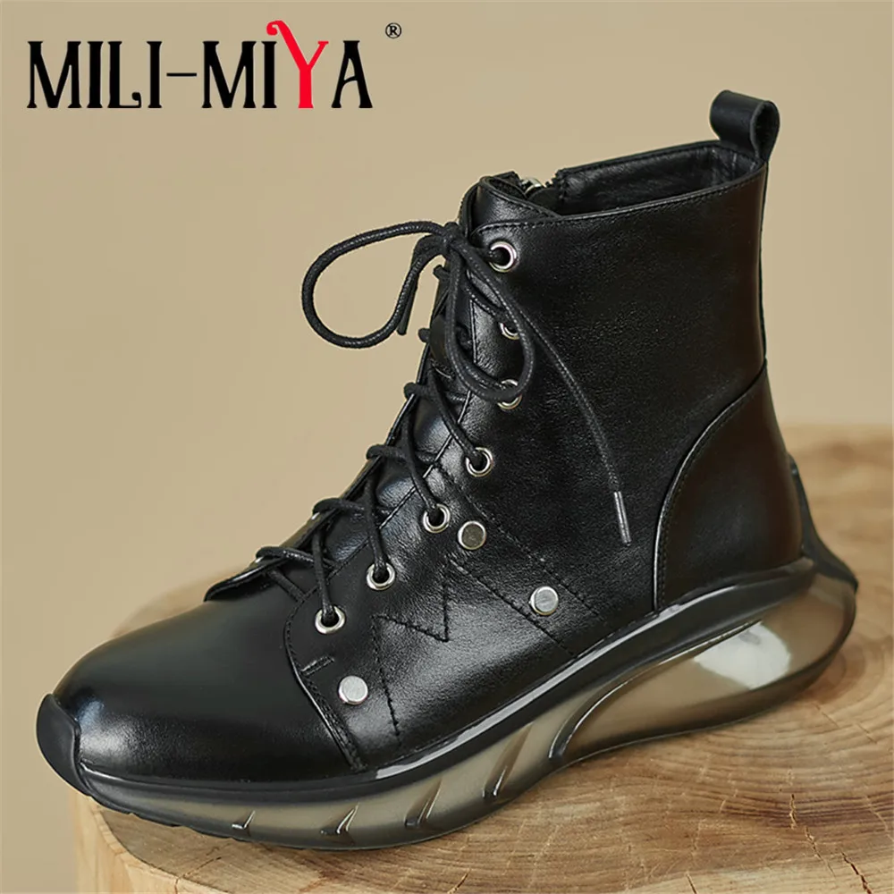 

MILI-MIYA Trainers Lace Up Zipper Genuine Leather Platform Thick Heel Ankle Boots Female Round Toe Fashion Sneakers Casual Shoes