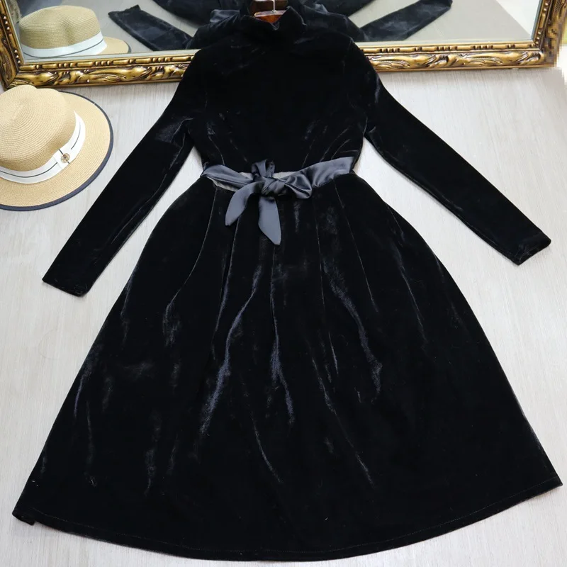 Осенне-зимнее Новое Стильное газовое торжественное платье средней длины черное бархатное платье-пачка с длинными рукавами для похудения