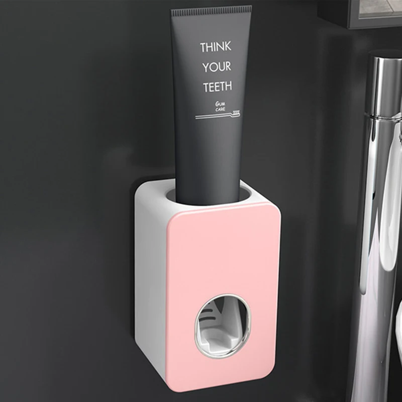 Магнитная адсорбционная подставка для зубных щеток с чашкой, настенное крепление, диспенсер для зубной пасты, подставка для хранения, набор аксессуаров для ванной комнаты - Цвет: pink squeezer