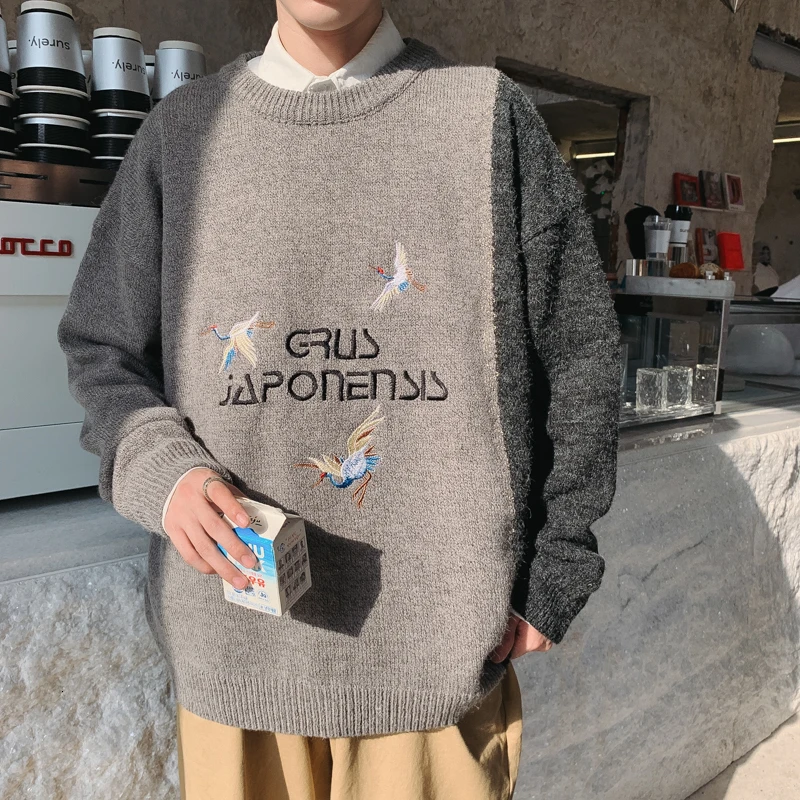 UYUK Осень Зима китайский стиль Harajuku свободный вышитый кран круглый вырез мужской свитер Hombre вырез лодочкой