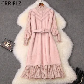 

Long Women Imitation Mink Dress Women New Full Sleeve Lace Up Waist Dress Lace Ruffldes Hem Pink Turtlenck Ladies Party Dress