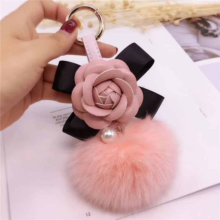 

South Korea Creative Bow Camellia Keychain Handbag Pendant Women's Fox Hairy Ball Key Ring Fashion Hanging Decoration