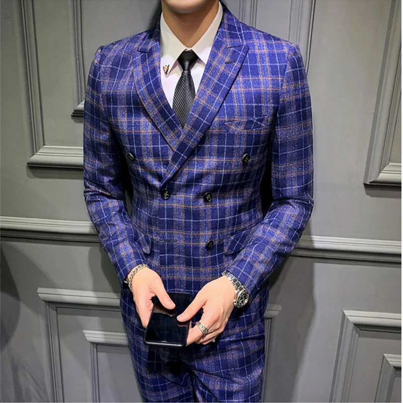 Черный, серый, синий клетчатый костюм для мужчин Slim Fit Свадебное платье для мужчин из трех частей s двойные приталенные пиджаки сценическое элегантное платье Q763