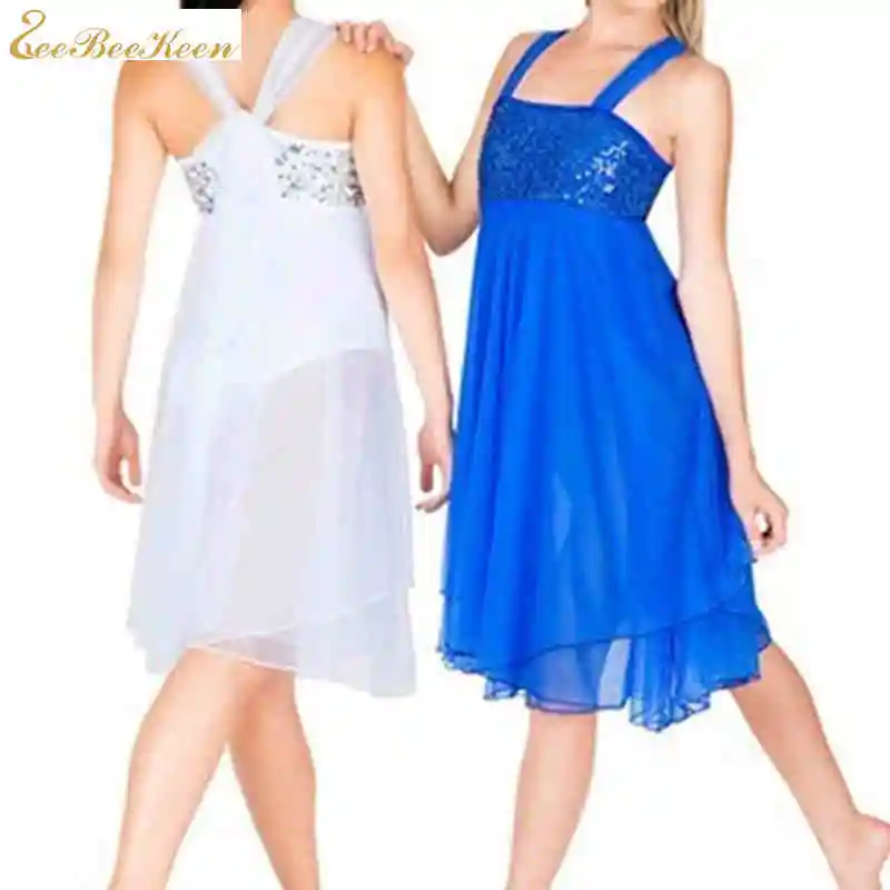 White/Blue Ballet Dress For Girls Child Dancing Sequins Long Tutu Ballet Gymnastics Leotard For Women Solid Ballet Dance Clothes