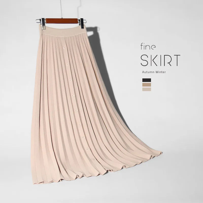 INNASOFAN теплая трикотажная юбка Женская осенне-зимняя плиссированная юбка модная Высококачественная шикарная длинная юбка с высокой талией - Цвет: Бежевый