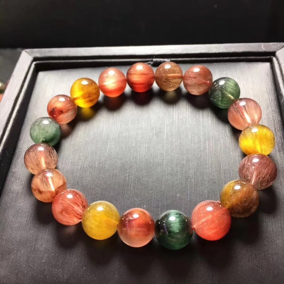 

9mm Natural Colorful Rutilated Quartz Crystal Bracelet Women Love Gift Charms Round Bead Stone Cat Eye Stretch Jewelry AAAAA
