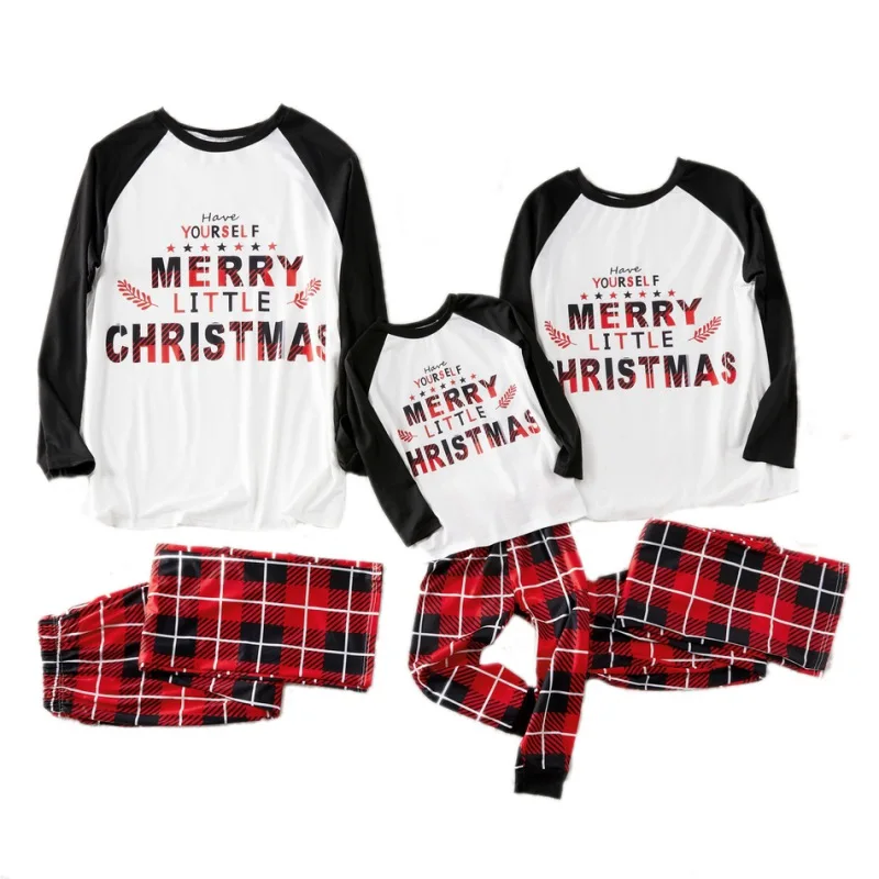 

Spring Autumn Kids Long Sleeve Cotton Family Suit Casual Cartoon Christmas Letter Pattern Comfortable Patchwork Plaid Clothing