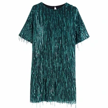 Новинка, женское мини-платье с круглым вырезом, коротким рукавом и кисточками, украшенное блестками, женские повседневные Прямые Платья для вечеринок, vestidos mujer DS3110