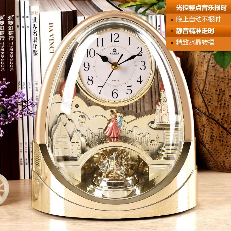 

European Large Table Clock with Hourly Chiming Vintage Retro 3D Desktop Decoration Bedroom Dynamic Crystal Rotation Desk Clock