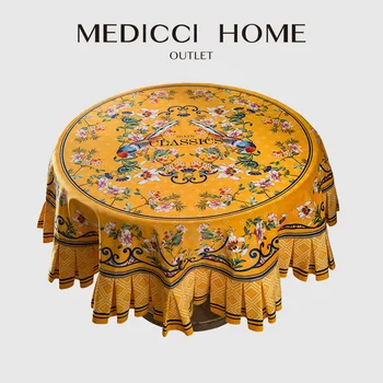 Medicci Home Luxury Tablecloth Chinoiserie Chinese Feature Bird Flower Print Velvet Textured Round Art Table Cover Edge Ruffled
