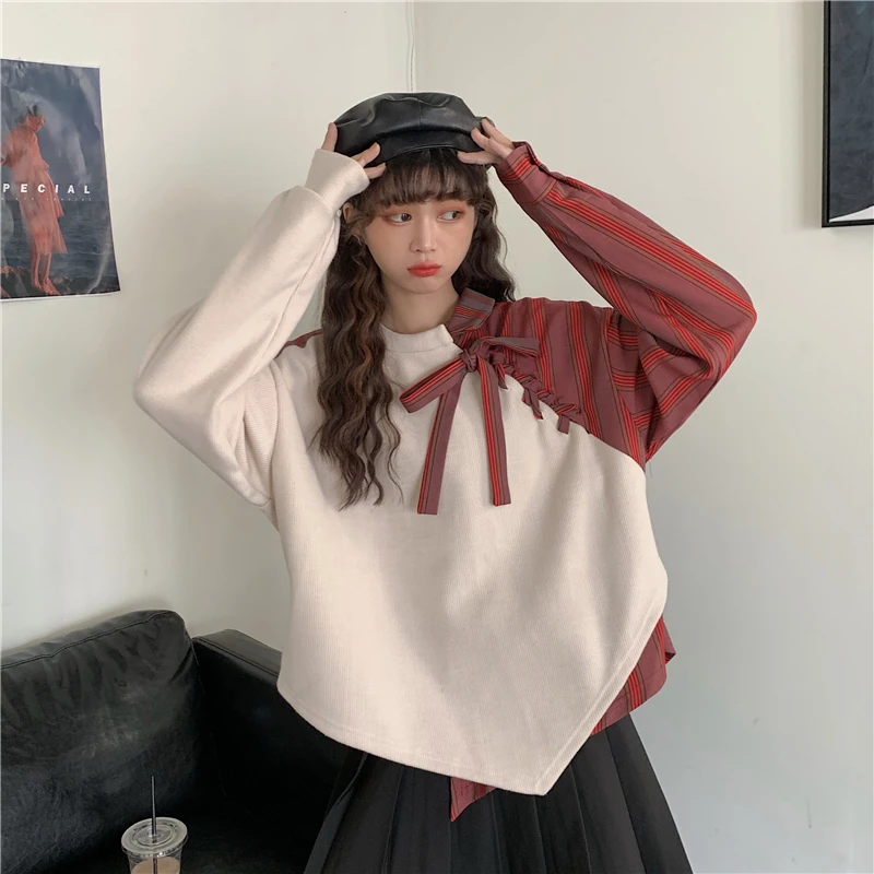 Sweatshirts vintage style autumn new patchwork lattice lace up long sleeve pullovers and Hoodies moda feminina Women's Clothing