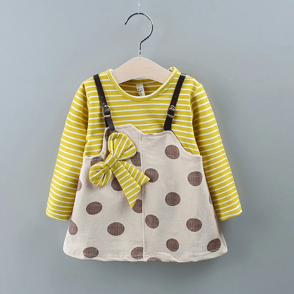 Детская одежда детское платье для маленьких девочек в полоску, в горошек, с длинными рукавами, с проектом, с бантом вечерние платье принцессы Модная Одежда для девочек костюм C50