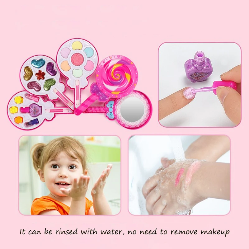 Маленькая девочка ребенок леденец макияж нетоксичный и легко мыть косметика Помада тени для век лак для ногтей подарочный набор