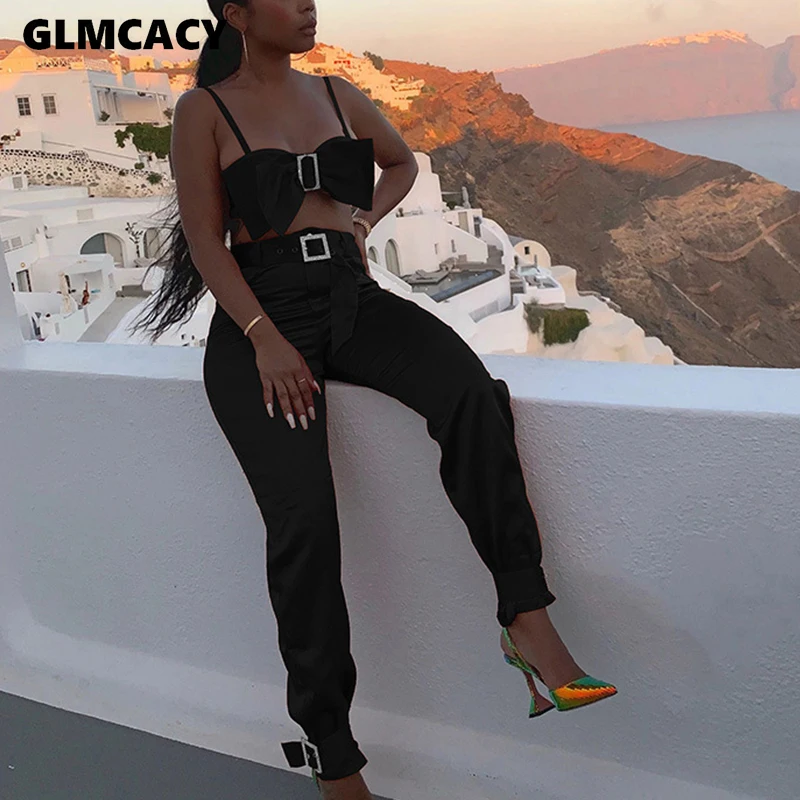 Women Two Piece Bow Down Bishes Set Diamond Buckle Top& High Waist Zipper Button Trouser Pant Set Sexy Partty Clubwear - Цвет: Черный