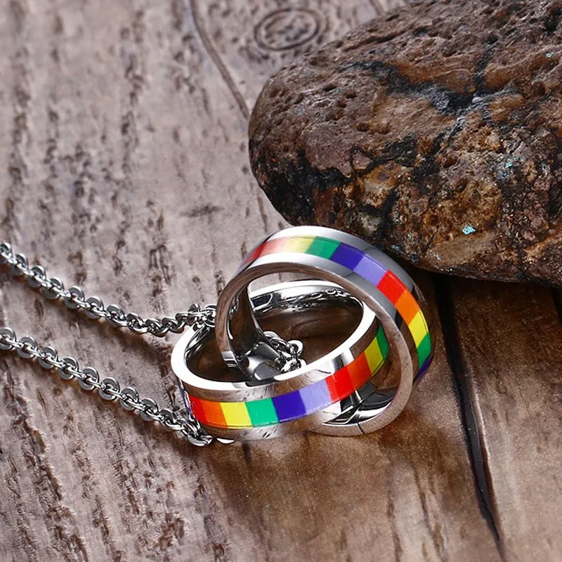 Радуга двойной круг женские ожерелья кулон ЛГБТ женские ювелирные изделия 2" цепь
