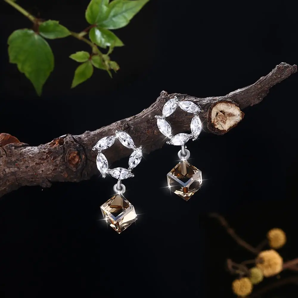 

LEKANI Crystals From Swarovski Drop Earrings With 925 Sterling Silver with Garland Cube for Women Fine Jewelry