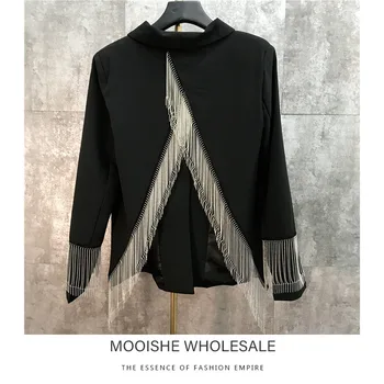 

Metal Tassel Chain Design Back Fork OL Women Pink Suit Blazer 2019 Spring New Coat