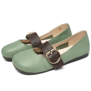 

YourSeason Autumn Summer Ladies Party Flats Genuine Leather Handmade Round Toe Shallow Casual Concise Women Mary Janes Shoes