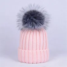 Модные хлопковые одноцветные шапочки для девушек и девушек, Повседневная зимняя женская шапка с меховым помпоном, розовые, синие вязаные шапки, женские шапочки