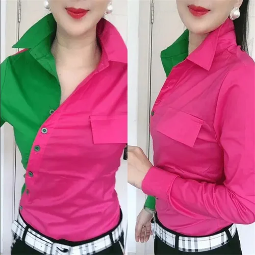 여성용 사선 플래킷 시크 컬러 매칭 블라우스, 라펠 긴팔 패치워크, 컬러 대비 스트리트웨어, 여성 블라우스 셔츠 2