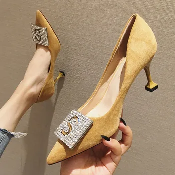 

Spring and autumn new brand designer wild net red high heels French girl small fine with rhinestone pointed black cat with singl