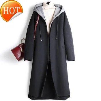 

coat 2020 wool new women's double-sided hooded medium length Hooded Coat
