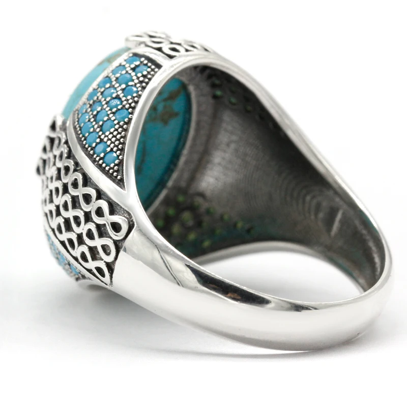خاتم من الفضة الإسترليني عيار 925 مرصع بحجر الفيروز الطبيعي ، خاتم على الطراز التركي العتيق للرجال والنساء