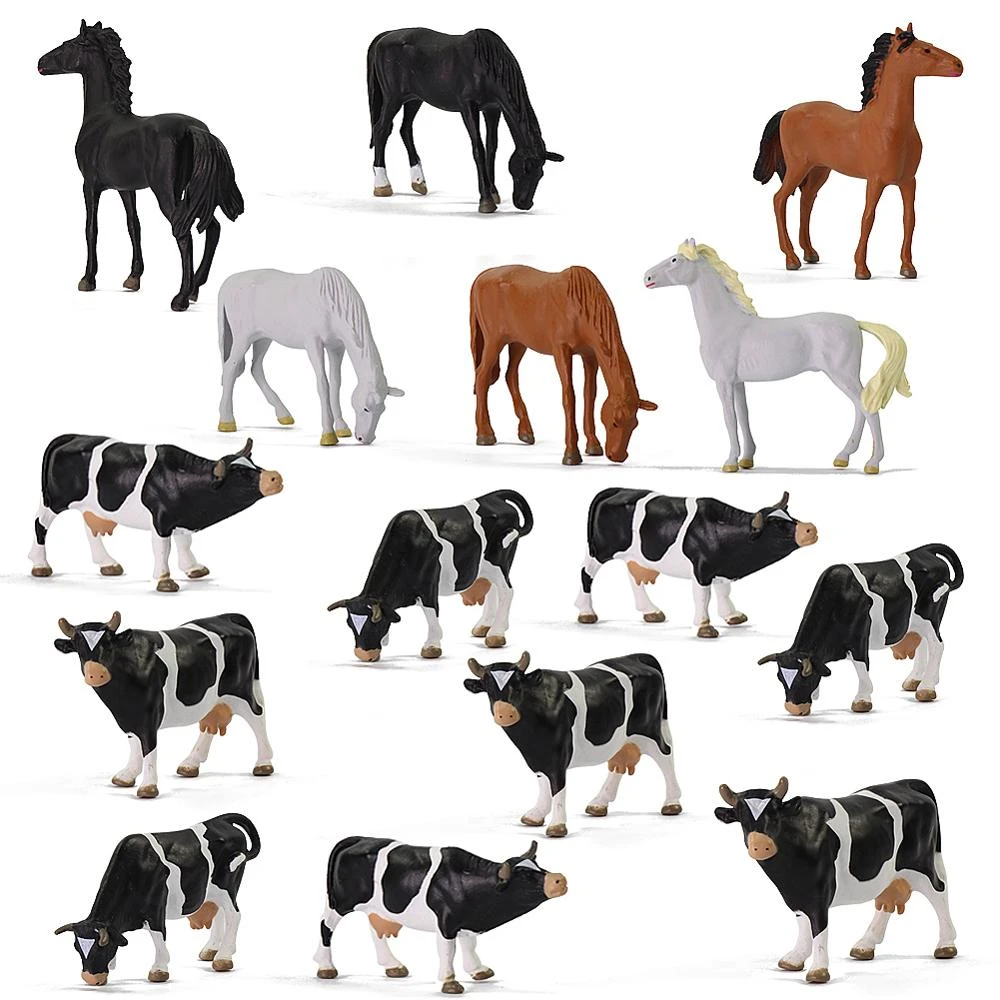 diy barbie house 15pcs O Scale Model Painted Horses Cows Farm Animals PVC 1:43 Horse Cow Desktop Decor Railway Layout AN4303 knex gears