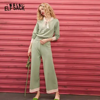 

ELFSACK Green Solid Pearls Button Knit Women Two Piece Sets 2020 Spring Pure Elastic Waist Korean Casual Ladies Daily Suits
