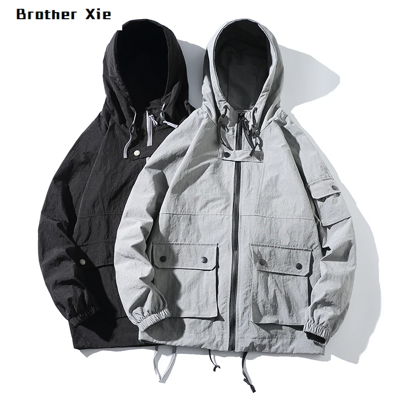 

Hooded Jacket Men's Fashion Solid Color Casual Multi-pocket Tooling Jacket Man Streetwear Wild Loose Hip Hop Bomber Jacket Male