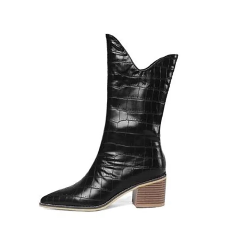 Pointed Toe Dress Women Boots Plaid Leather Thigh High Boots Stylish Med Heels Size 43 Ladies Botas Mujer Brand Military Boots
