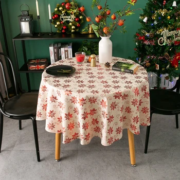 

Beautiful Flower Christmas Tablecloth Round Bronzing Fabric Table Cloth Snowflake Print Table Cover New Year Decoration ZC126