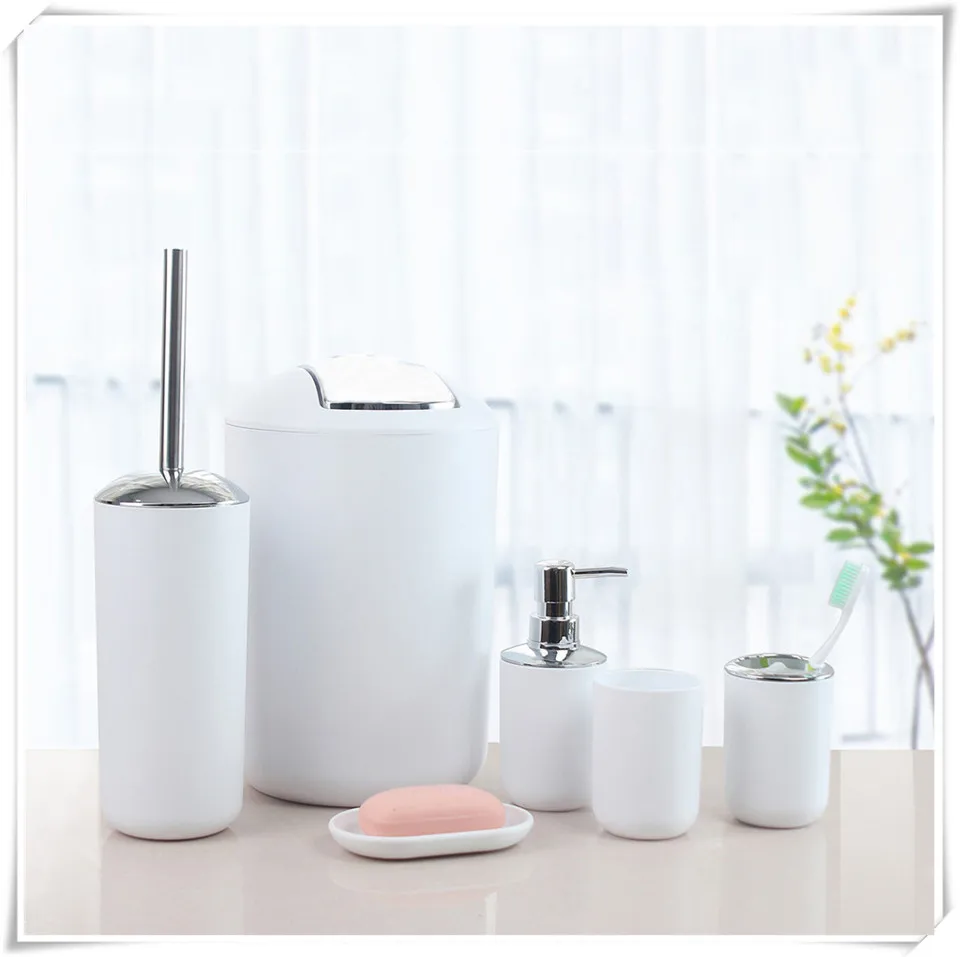white bathroom set MSJO Ванная комната набор аксессуаров Nordic домашнего декора дозатор жидкого мыла чашка для полоскания рта мусорный бак мыльница 6 шт./компл. Ванная комната комплект - Цвет: white bathroom set