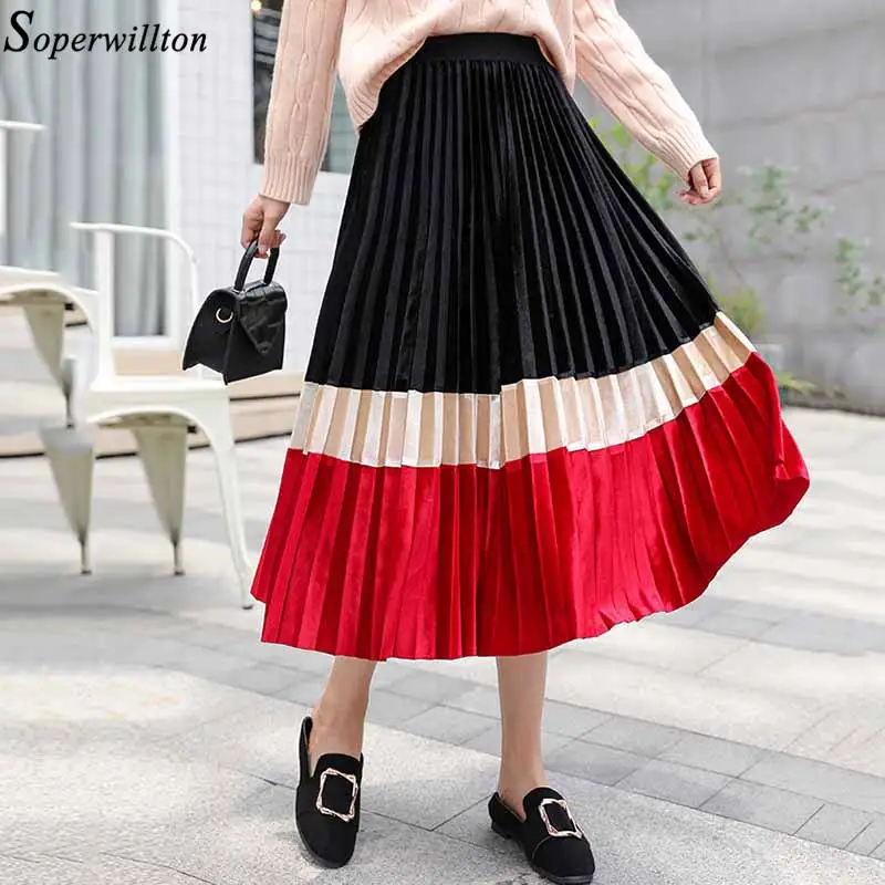 Женская юбка,, Осень-зима, Юбки миди, женские, эластичные, высокая талия, корейский стиль, хит, цвет, пэчворк, бархат, Винтаж