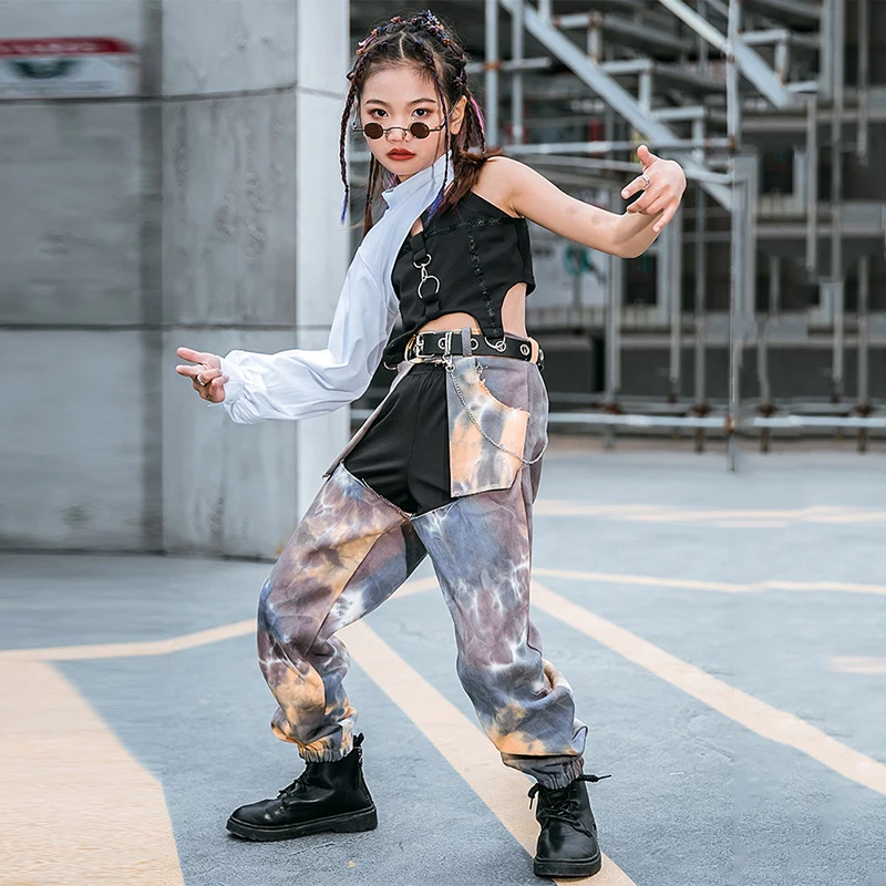 

Girls Dancing Costumes One-Sleeve Tops Tie Dye Pants Jazz Hiphop Street Dance Performance Dancewear School Stage Wear YS1161
