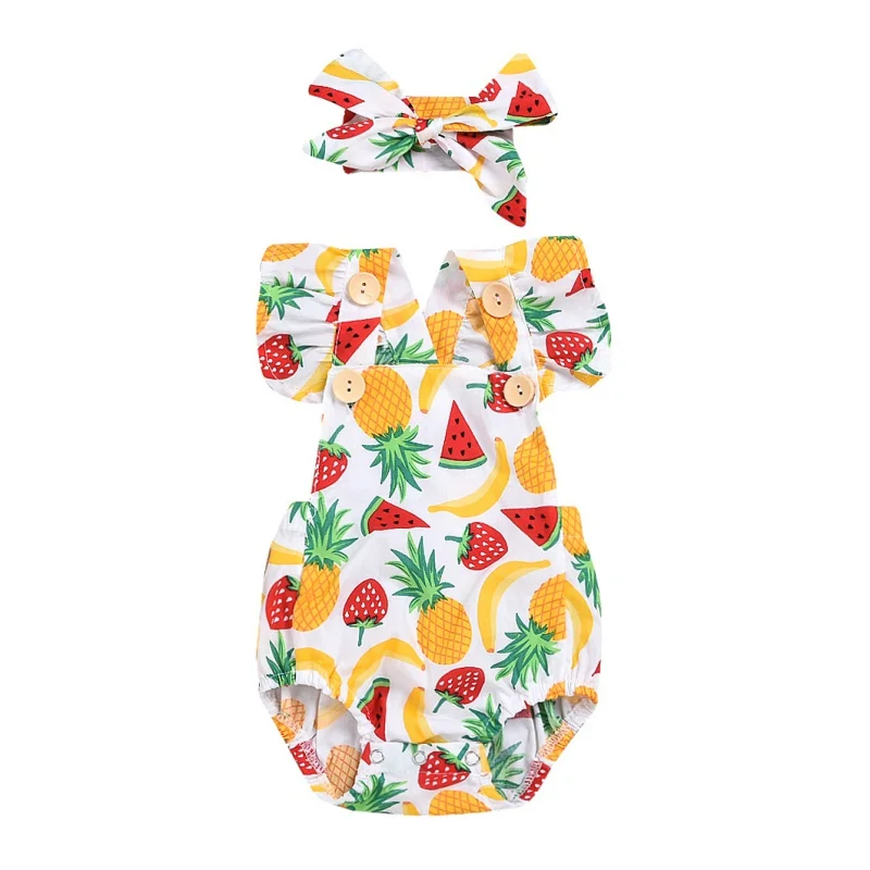 

Baby Rompers 2Pcs/Set Summer Newborn Baby Girls Fruit Print Rompers Set Flare Sleeve Backless With Headband#E