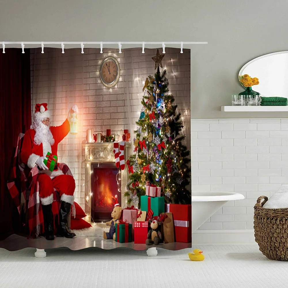 Cortinas navidad ba o Рождественский камин занавеска для душа зеленая Рождественская елка Рождественская занавеска для ванной комнаты красный носок douchegordijn 3D