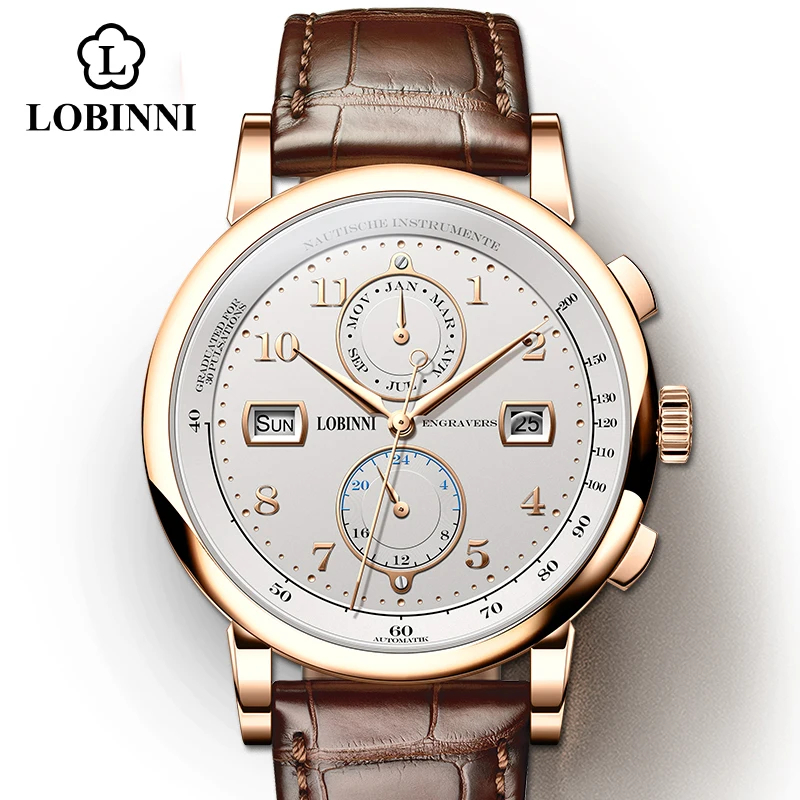Rose-White-Brown LOBINNI Бизнес часы от топ бренда, роскошные модные мужские кожаные Водонепроницаемый 50 м Мужские механические наручные часы с датой Дисплей часы - Цвет: Rose-White-Brown