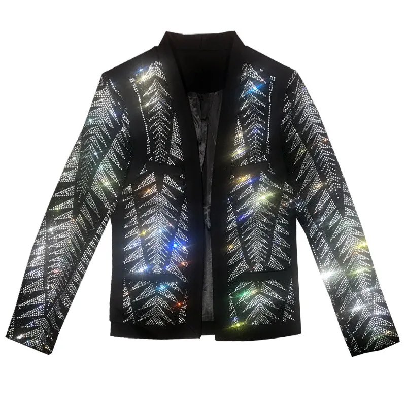 Панк бриллианты Bling Мужская одежда для ночного шоу пальто высокого качества с длинными рукавами, закрытые пуговицами, Slim Fit большого размера мужские кардиганы куртки - Цвет: black