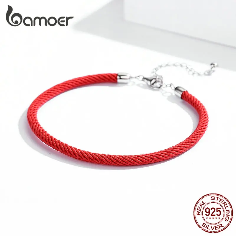 Bamoer GXB166 Настоящее 925 пробы серебряный браслет гипоаллергенный минималистичный красная веревка для женщин простой классический хорошее ювелирное изделие DIY веревка
