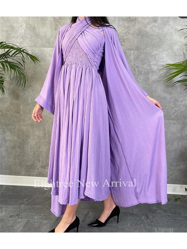 Eightree Lavender 2021 Saudi Arabia Long Sleeve Prom Dress Detachable Cloak Cross Neck Tea Length Pleated Elegant Party Gowns Eightree Lavender 2021 Saudi Arabia Long Sleeve Prom Dress Detachable Cloak Cross Neck Tea Length Pleated Elegant Party Gowns