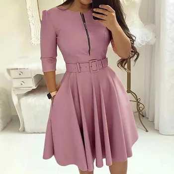 

Elegant Women Office Lady Midi Dress Plain Pleated Zipper A Line Dresses Robe 2020 Spring African Fashion Femme Vestiods Vintage