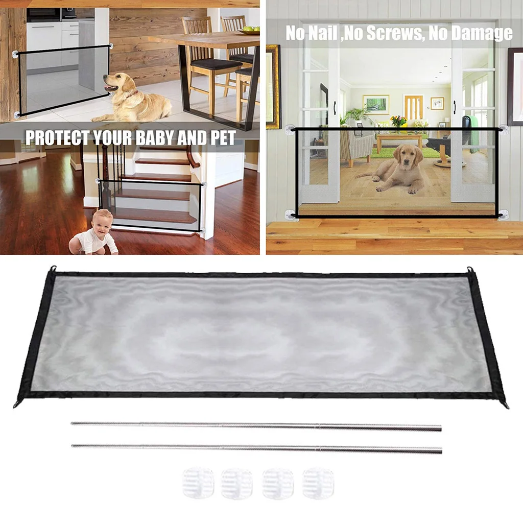 Portable Mesh Folding Safety Fence Gate Dog Safety Guard Gate Fences Indoor Pet Supplies Dog Cat Houses Mesh Gate Fence