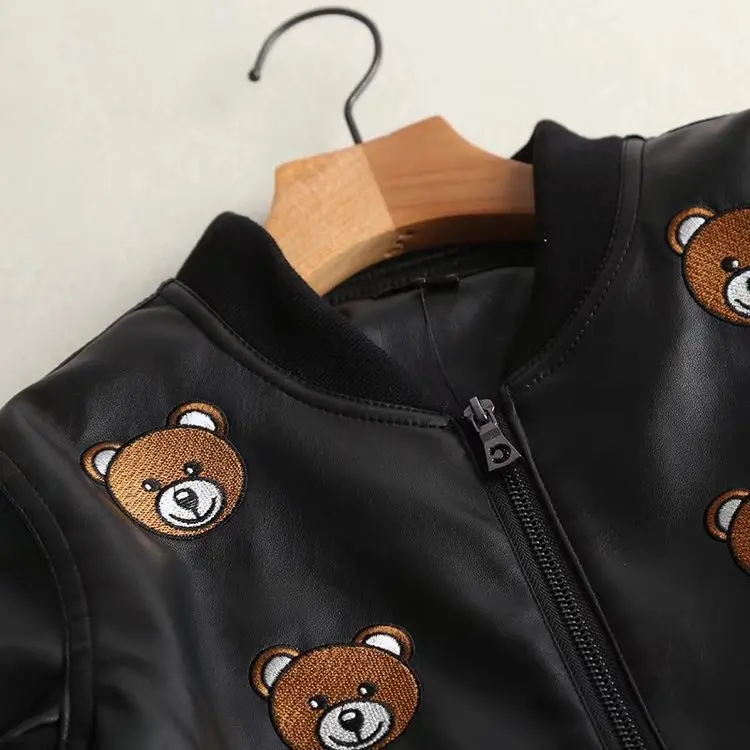 

Autumn And Winter New Style Delicacy Bear Embroidered PU Leather Coat Thick Stand Collar Jackets Baseball Uniform Female Jacket