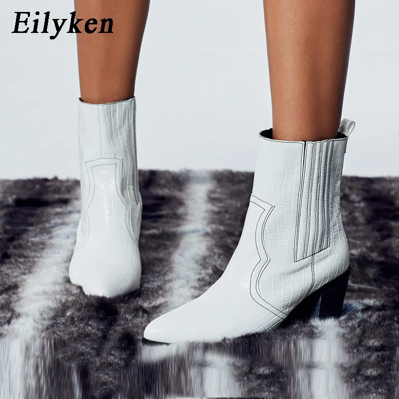 

EilyKen Women White PU Leather Snake Print Square Heel Ankle Boots Fashion Pointed Toe Female Office Slip On Chelsea Boots
