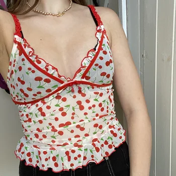 

Sweet Girl Red Cherry Print Y2k Cami Top Women Summer Lace Strap Ruffle See Through Mesh Crop Top Sexy Camisole Tank Tops