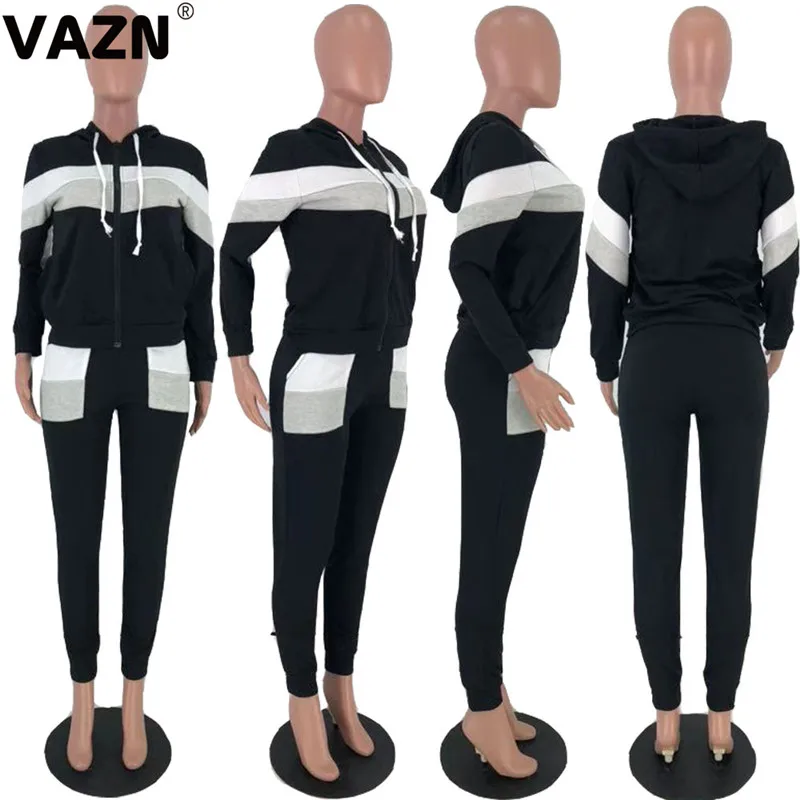 VAZN AWN5058, шикарный дизайн, осень, сексуальный женский черный повседневный комплект, с капюшоном, на молнии, топ, длинные штаны, простые женские комплекты
